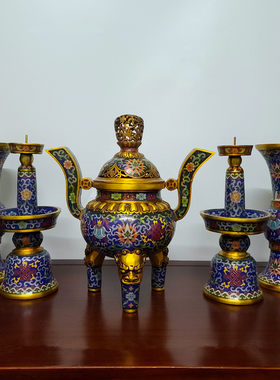 黄铜景泰蓝铜胎掐丝珐琅五供铜器工艺品供器香炉花瓶烛台