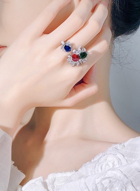 新款铜镀银饰品仿祖母绿宝石戒指女款仿彩宝镶钻开口指环满钻戒子