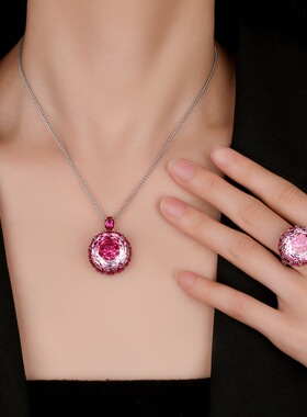 新款铜镀银饰品仿绿碧玺吊坠女款项链火龙果色仿彩宝镶钻开口戒指