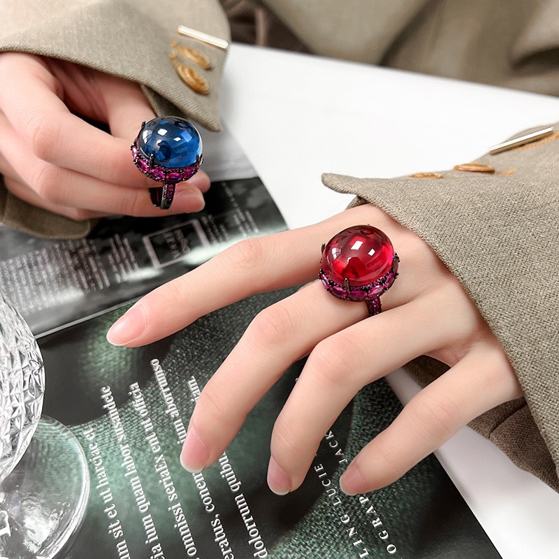 新款铜镀枪黑色仿红刚玉镶钻戒指仿蓝尖晶开口指环欧美风女款戒子