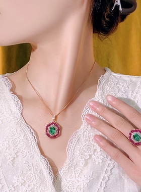 新款铜镀玫瑰金色仿帕拉伊巴碧玺镶钻吊坠女款项链仿彩宝开口戒指