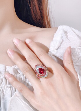 新款铜镀银饰品女仿祖母绿宝石戒指仿彩宝镶钻开口指环欧美风戒子