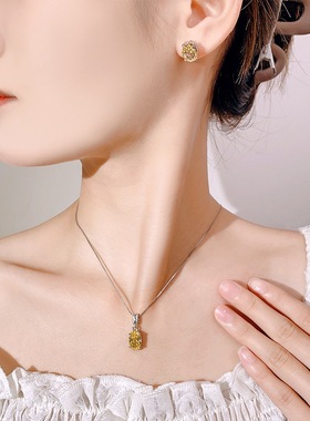 新款铜镀银仿黄钻吊坠简约项链女款仿彩宝镶钻椭圆形耳钉开口戒指