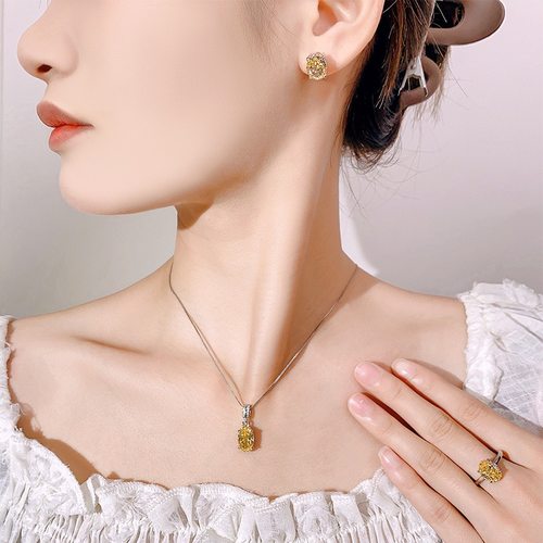 新款铜镀银仿黄钻吊坠简约项链女款仿彩宝镶钻椭圆形耳钉开口戒指