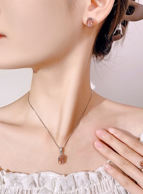 新款铜镀银仿帕帕拉恰吊坠女款项链仿彩宝镶钻椭圆形耳钉开口戒指