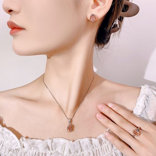 新款铜镀银仿帕帕拉恰吊坠女款项链仿彩宝镶钻椭圆形耳钉开口戒指