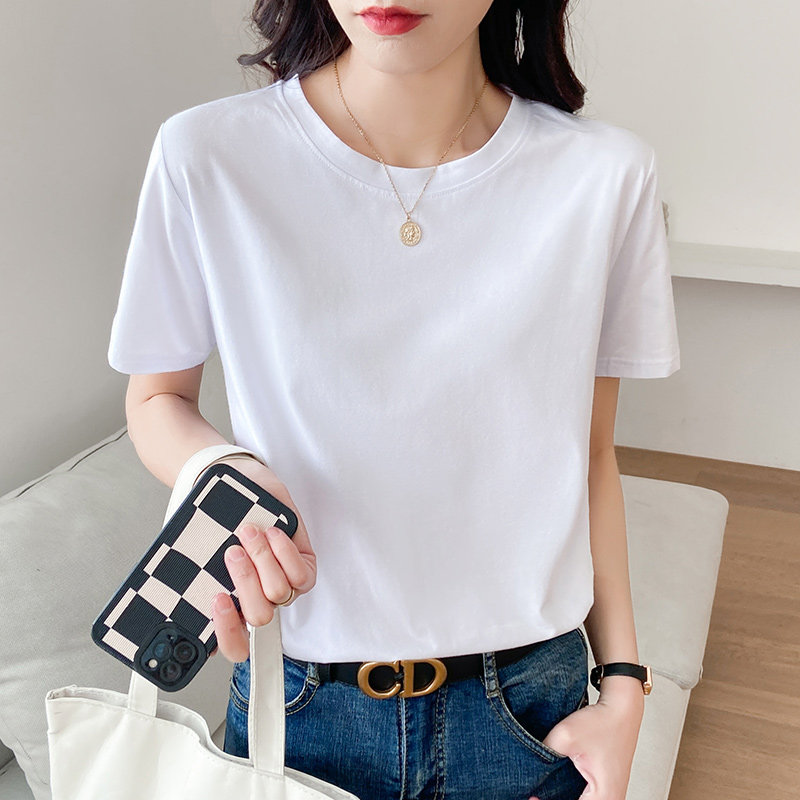 白色短袖t恤女宽松纯棉上衣夏季内搭打底衫简约纯色显瘦半袖体恤