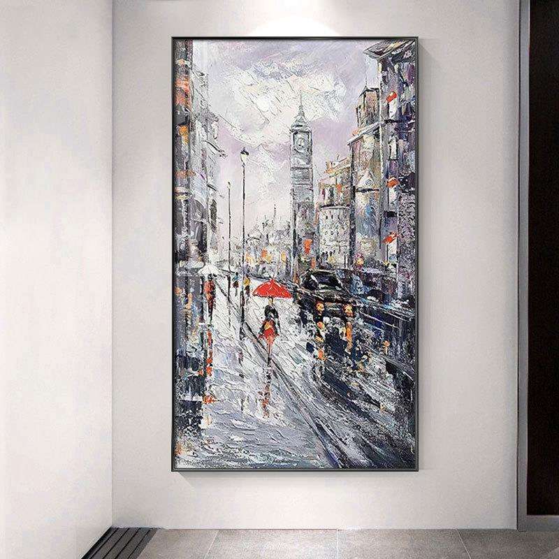 城市建筑街道夜景玄关装饰画艺术北欧挂画风景油画竖餐厅走廊壁画