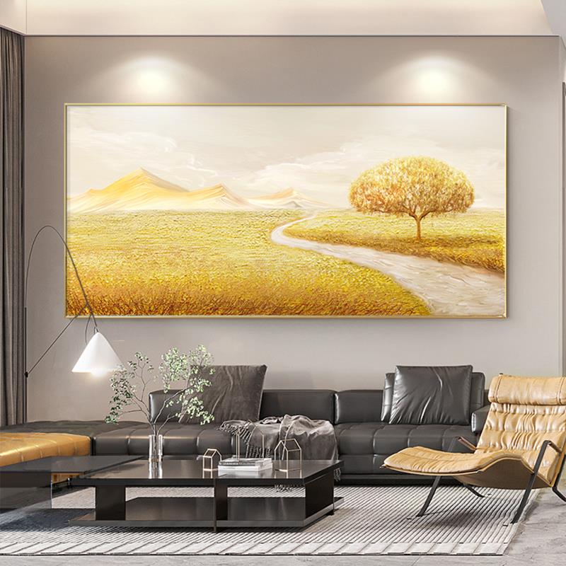 三千岩.ART手绘油画金黄麦田寓意好客厅装饰画横版抽象床头肌理画