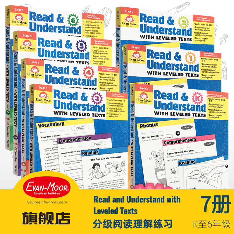 Evan-Moor Read and Understand with Leveled Texts分级阅读理解练习美国加州教辅 evanmoor幼儿园到六年级字母推理原版进口