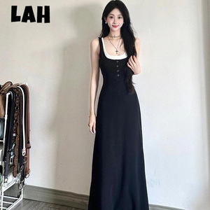 茶歇法式裙子拼接假两件纯欲复古辣妹吊带连衣裙INS收腰长裙子女