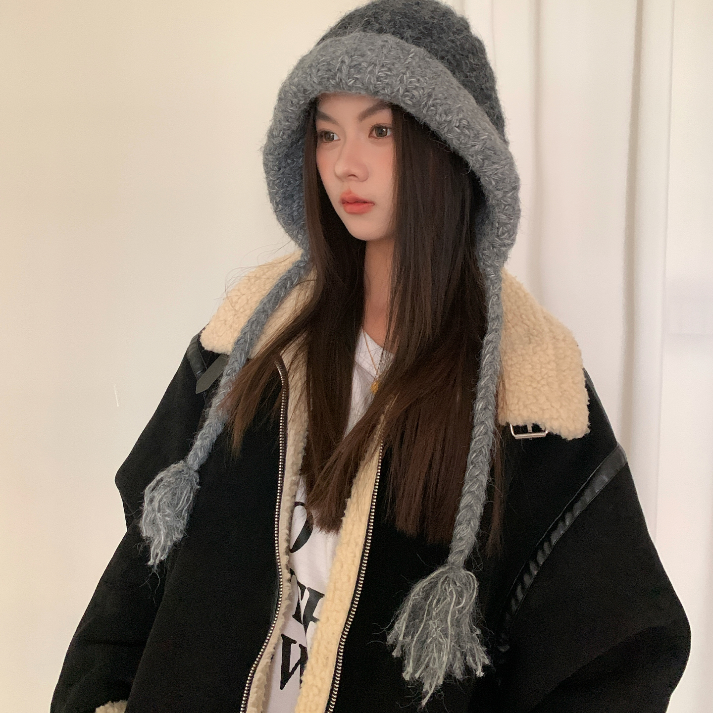 韩版大头围加厚拼色针织帽