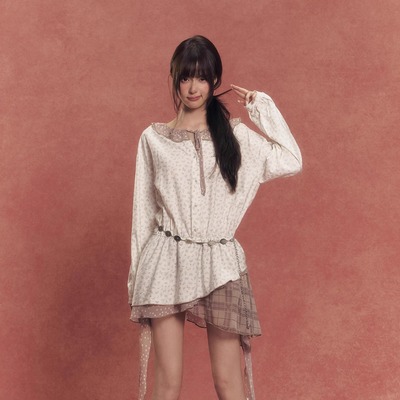 chaoschaos设计感碎花格纹拼接多层不规则下摆飘带衬衫收腰连衣裙