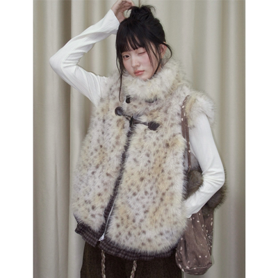 chaoschaos双面穿 环保皮草时髦豹纹拼接花边保暖马甲上衣外套