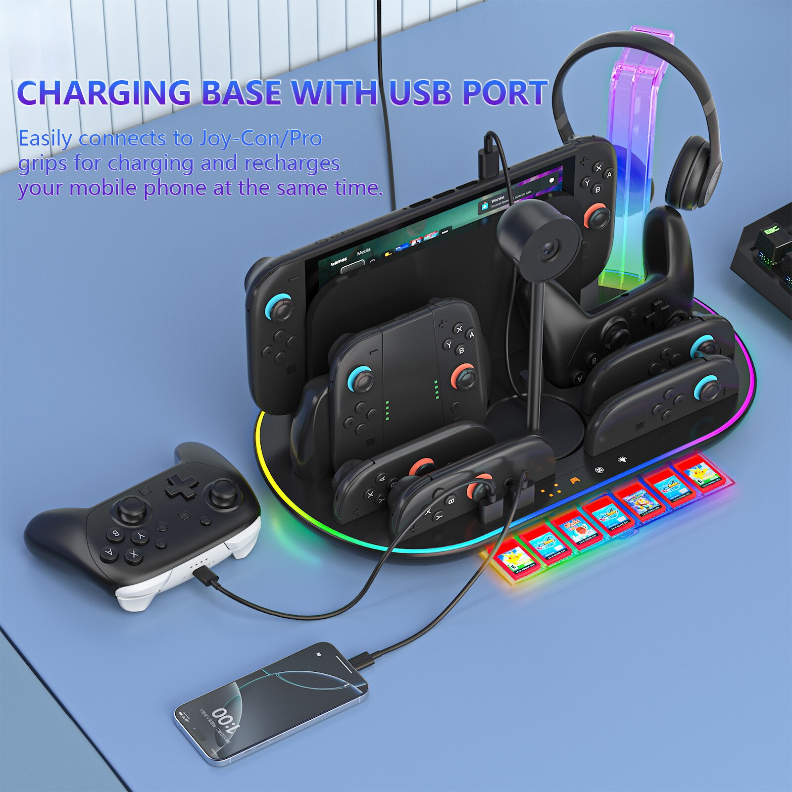 Switch2代多功能散热底座NS2手柄座充可收纳握把卡带耳机带RGB灯