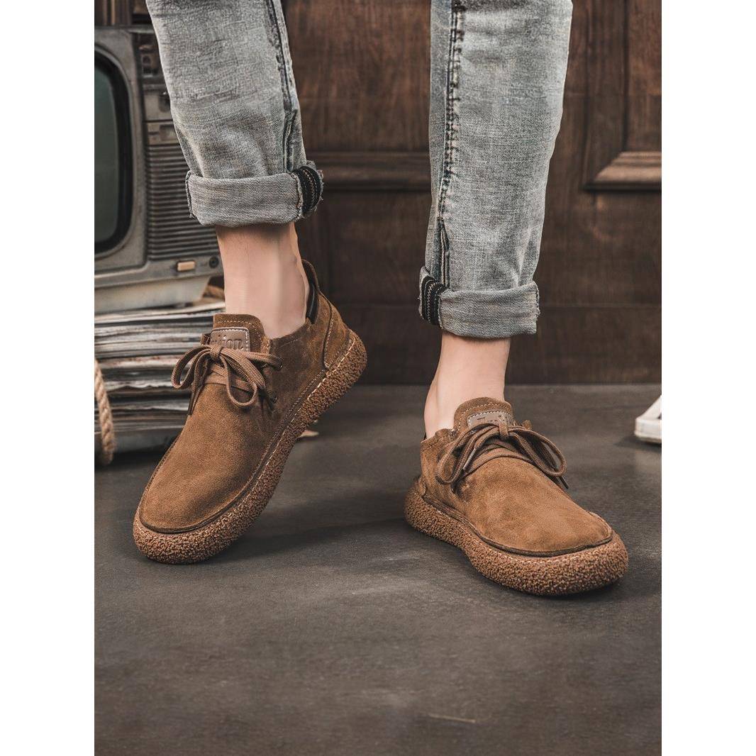 翻毛皮鞋男软底透气单鞋系带时尚英伦覆古反绒真皮板鞋男士休闲鞋