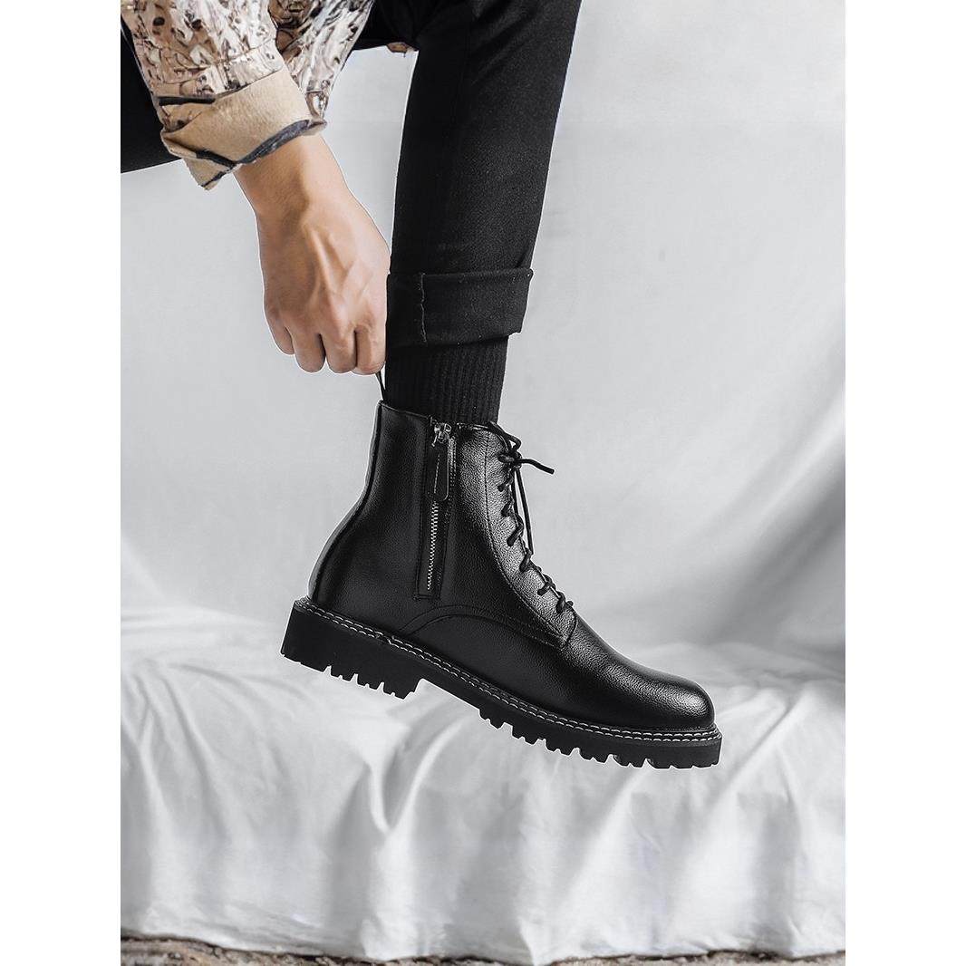 马丁靴男款冬季加绒潮拉炼工装高帮皮鞋英伦风中帮切尔西男士靴子