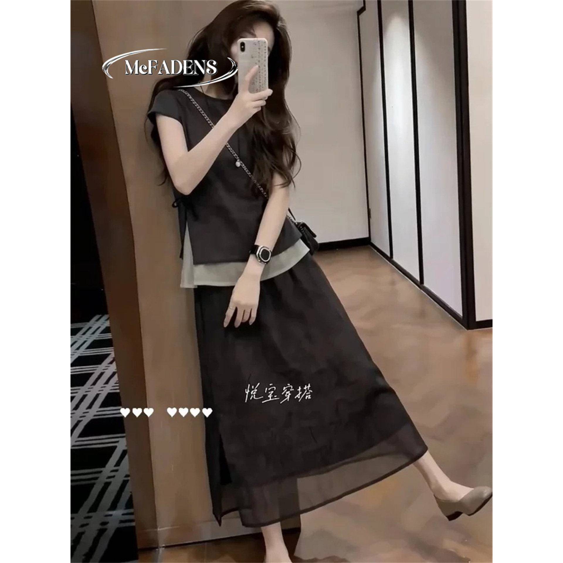 香港2026夏季新款时尚套装裙女小众不规则假两件系带短袖+半身裙
