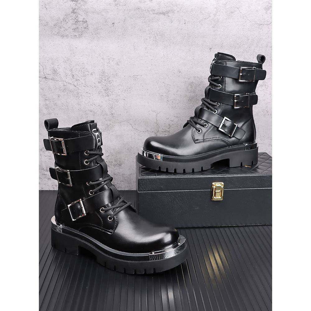 秋冬季新款马丁靴男厚底内增高英伦风工装靴简约百搭高帮时尚皮靴