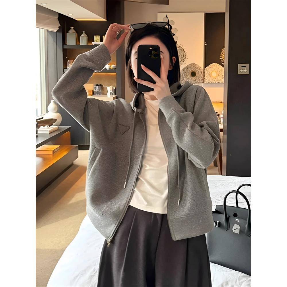 欧洲站灰色连帽长袖卫衣女2025春秋冬季新款宽松休闲拉炼开衫外套
