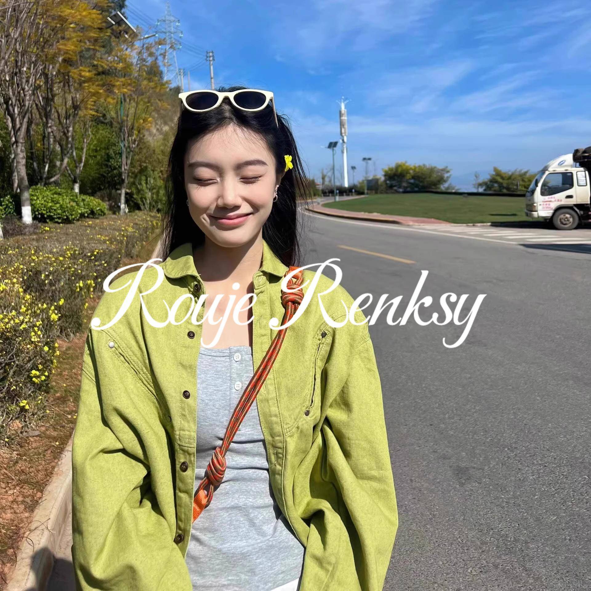 法国rouje renksy法式牛油果绿长袖防晒衬衫外套女春秋外搭衬衣