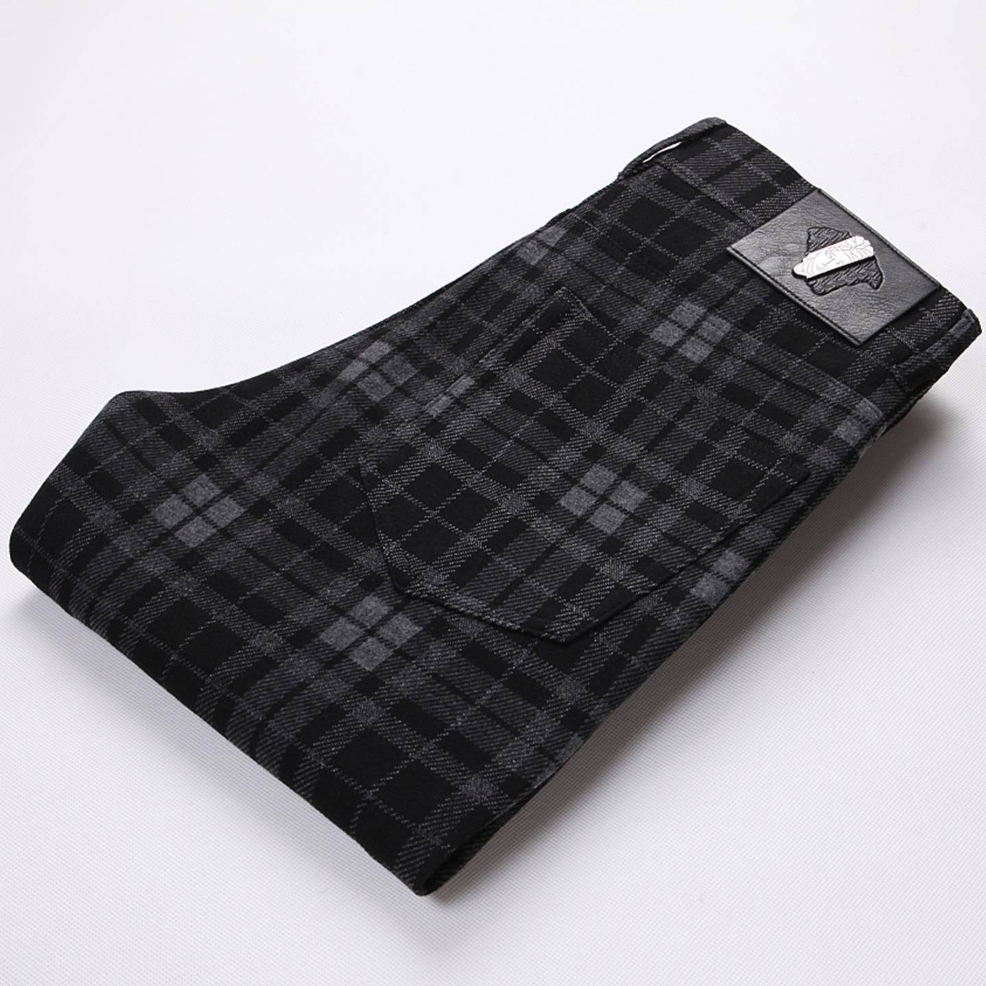 2025新款冬季灰色休闲裤男修身弹力小脚直筒英伦格子商务长裤高端