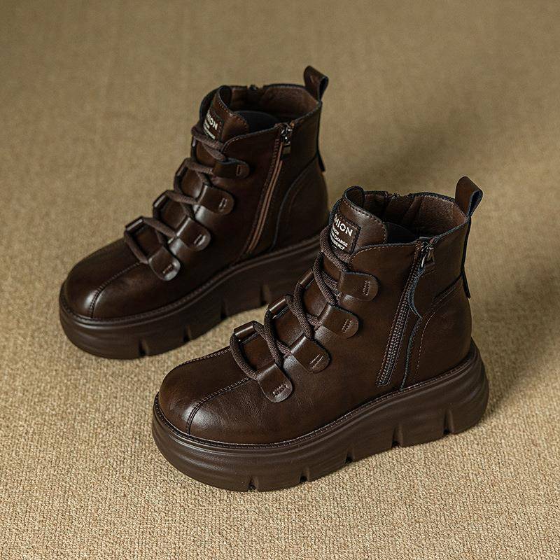 香港真皮内增高马丁靴女鞋小个子8cm短靴2025新款加绒厚底高跟靴