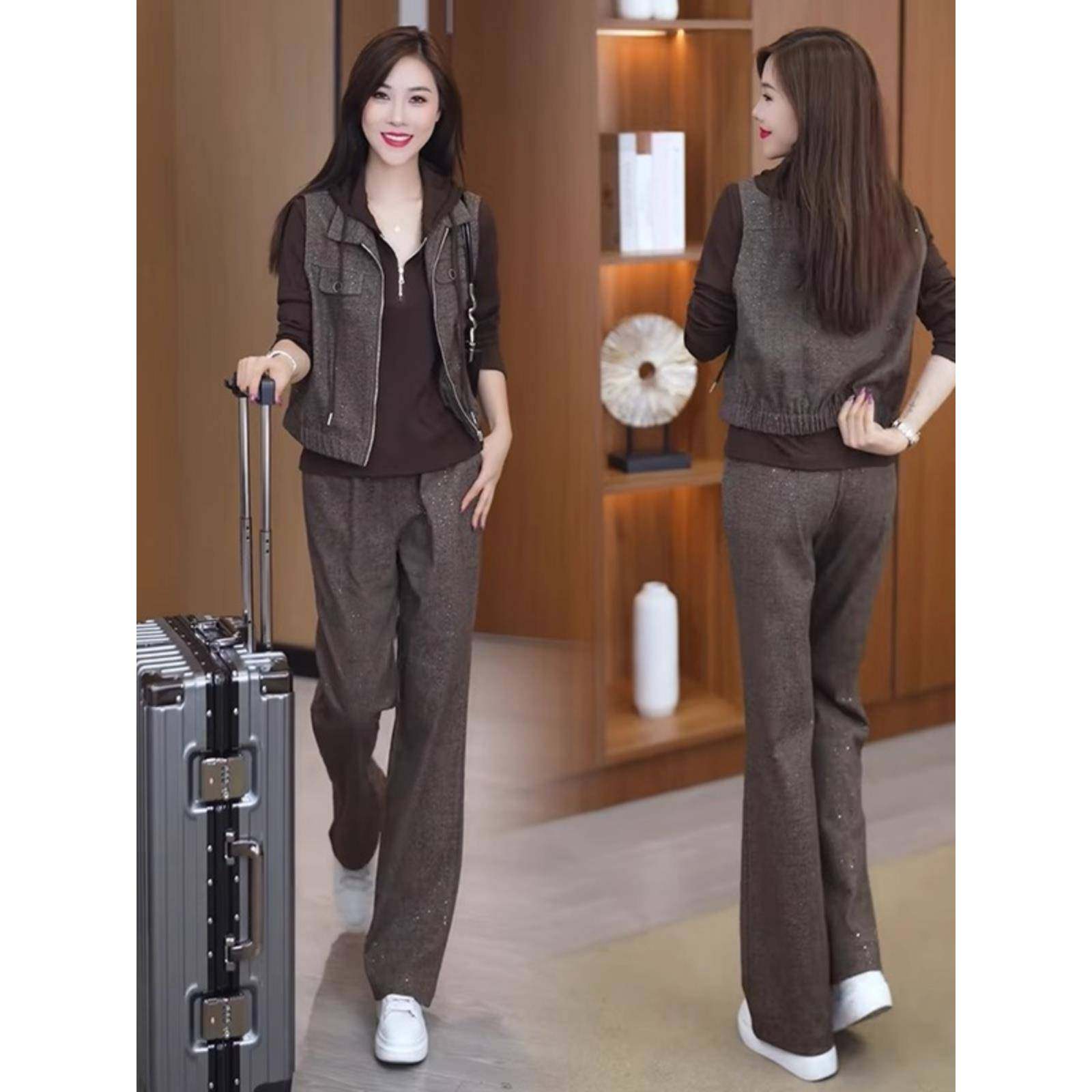 时尚休闲套装女秋冬季新款洋气减龄连帽卫衣马甲高腰直筒裤三件套