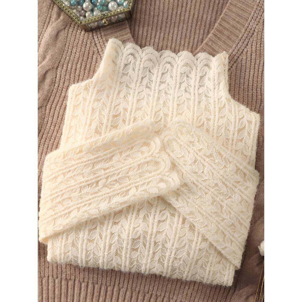 欧货半高领磨毛蕾丝打底衫女加绒秋冬季新款洋气内搭小衫网纱上衣