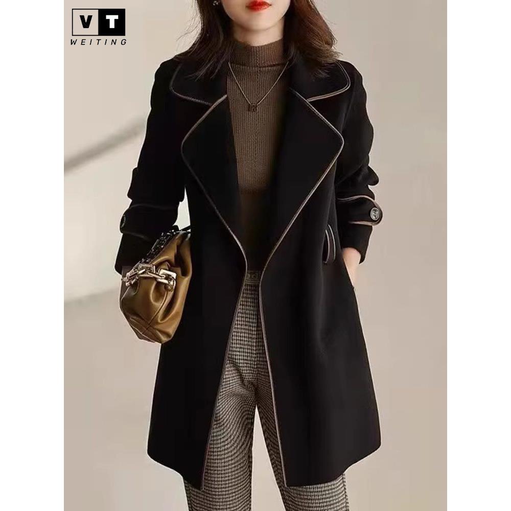 WEI TING小香风毛呢西装外套女秋冬季2024新款中长款双面羊绒大衣