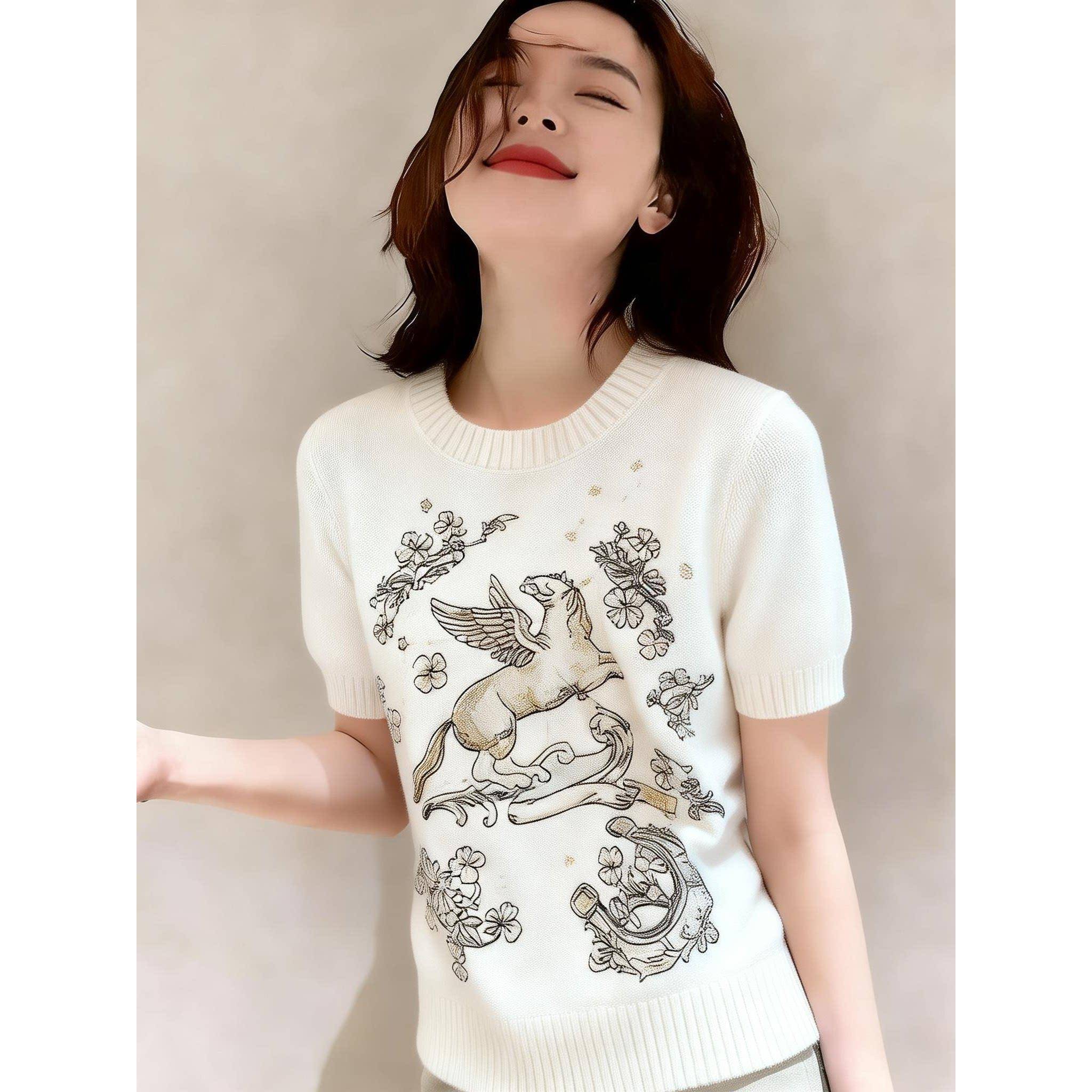 超好看小马重工刺绣针织短袖t恤女夏季时尚洋气轻奢显瘦漂亮上衣