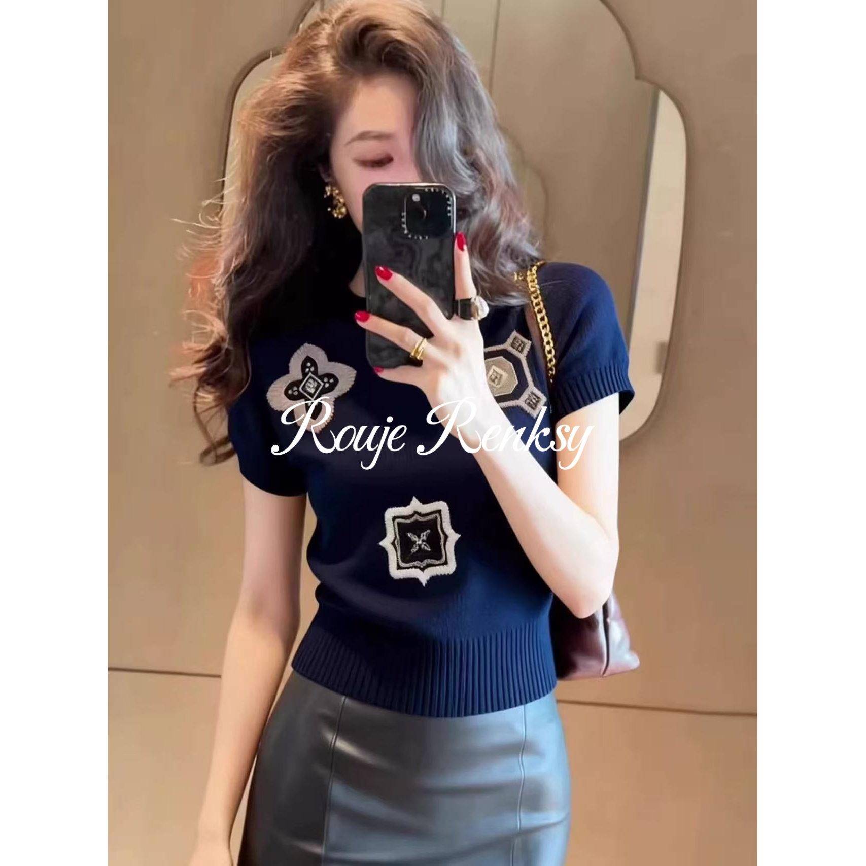 法国Rouje Renksy法式蓝色印花短袖针织衫女夏季修身显瘦T恤上衣
