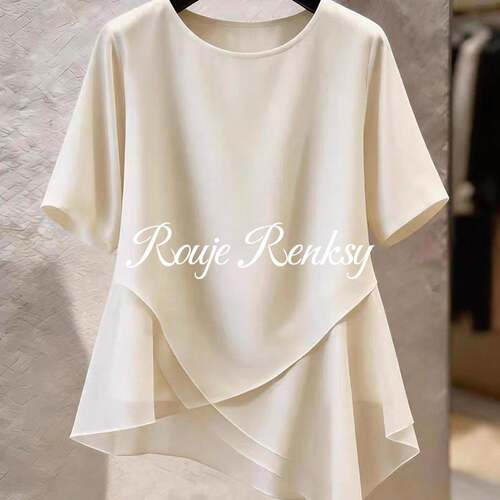 法国Rouje Renksy法式杏色网纱拼接不规则短袖上衣女夏季宽松T恤