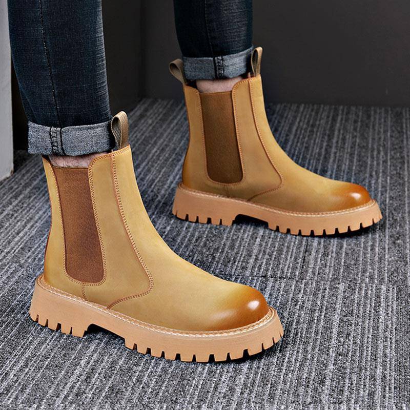 潮牌2025秋冬季切尔西靴一脚蹬中筒大黄靴男厚底套筒靴复古马丁靴