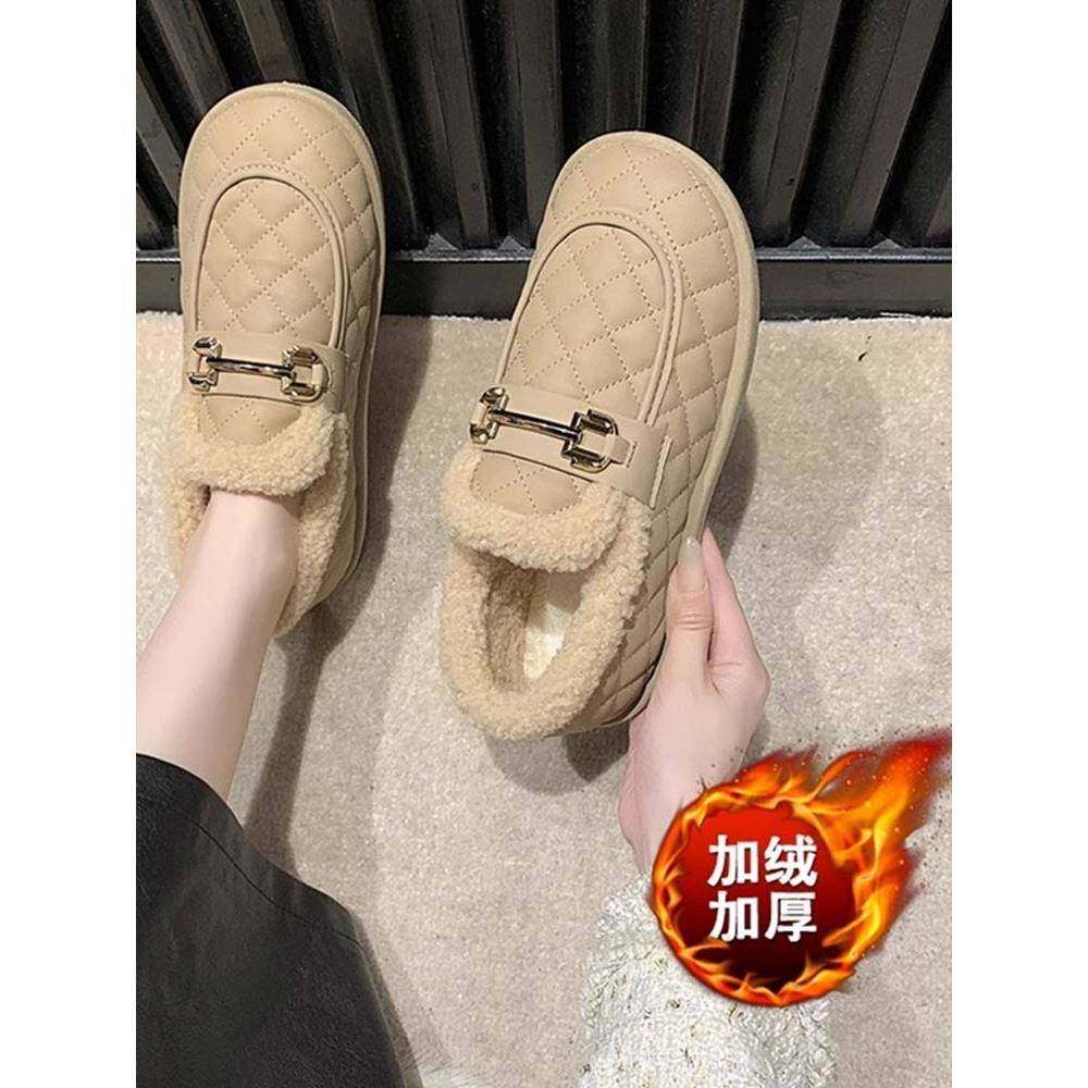 保暖加绒棉鞋女2025秋冬新款一脚蹬休闲鞋网红外穿防滑软底乐福鞋