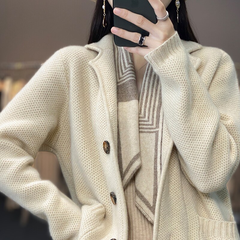 26秋冬新款法式重磅西装领100纯羊毛开衫女宽松显瘦羊绒针织外套