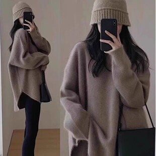 氛围感~纯山羊绒衫毛衣女搭配鲨鱼裤的上衣慵懒风开叉针织羊毛衫