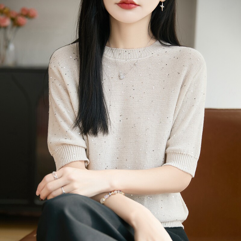 云感轻栖天丝珠片纱针织短袖T恤