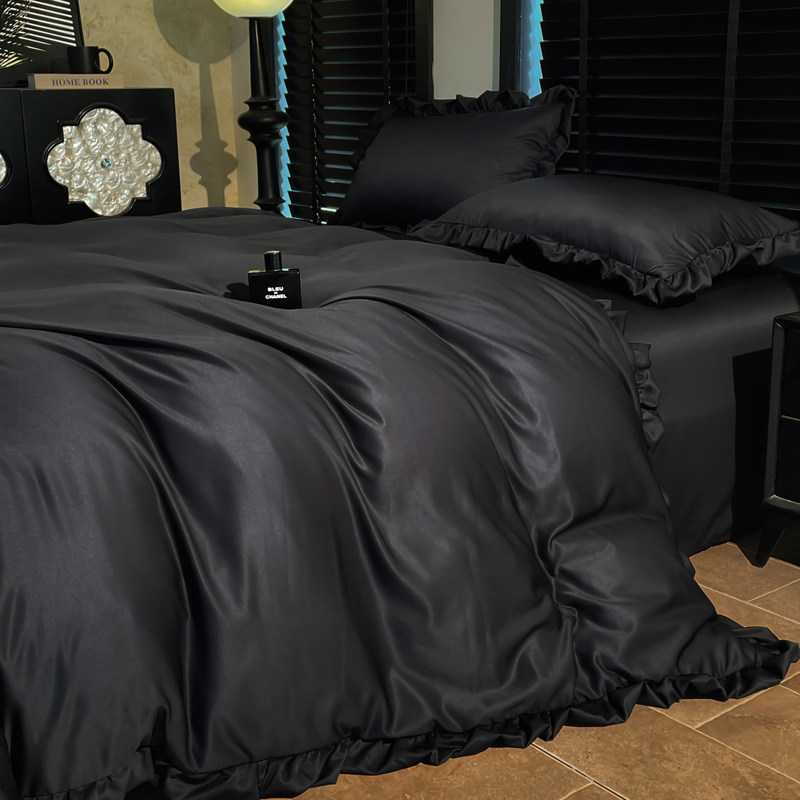 夏季黑色高级感水洗真丝绸冰丝男士耐脏裸睡床单花边被套三四件套