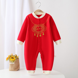 满月一岁女宝宝衣服婴儿拜年服红色过年服抓周宴周岁礼婴幼连体衣