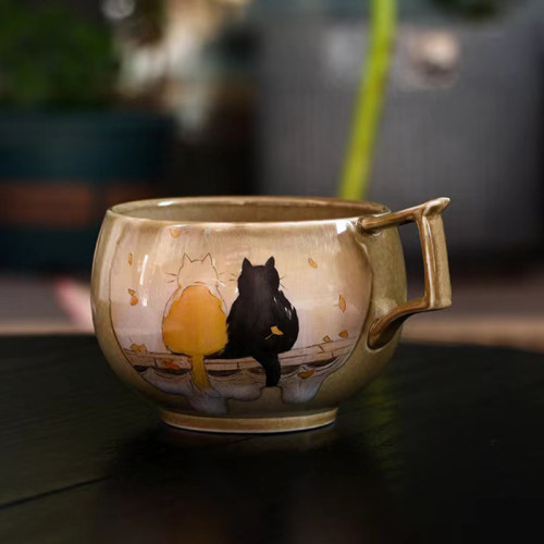 手绘猫咪杯仿柴烧釉陶瓷咖啡杯网红爱心拉花艺术杯手工手柄卡通杯
