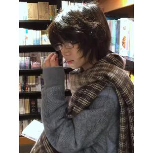 日杂文艺穿搭双面戴格子拼接围巾仿羊绒女冬季学生保暖流苏围脖古