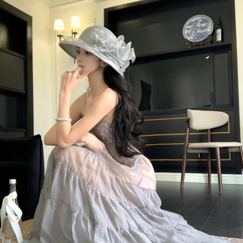 财阀千金感~韩版新款花边平顶帽女夏季欧根纱大沿礼帽百搭渔夫帽