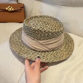 高端定制 老钱感夏季 咸水草编亚麻缎带礼帽女度假平顶草帽轻奢帽