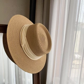 升级款 软纸草棉麻织带英伦风草帽女夏季 出游海边度假平顶遮阳礼帽