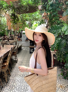 草帽法式度假风大帽檐显脸小平顶草帽子夏季海边度假遮阳帽沙滩帽