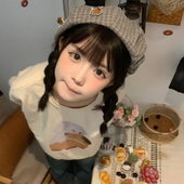 呆呆刺绣狗狗蝴蝶结千鸟格贝雷帽女生秋季 大头围美拉德甜妹画家帽