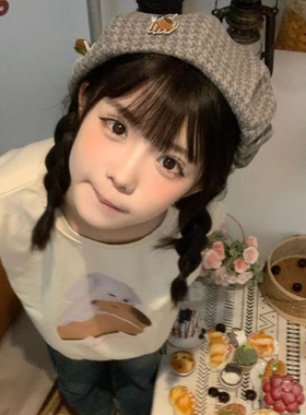 呆呆刺绣狗狗蝴蝶结千鸟格贝雷帽女生秋季大头围美拉德甜妹画家帽