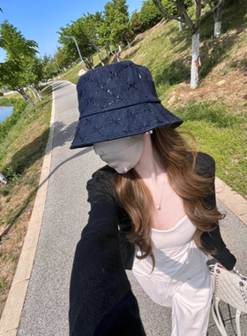 高端定制！正版型亮面深色牛仔藏蓝色渔夫帽子女春夏新品遮阳盆帽