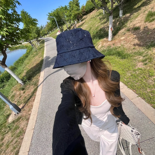 高端定制！正版型亮面深色牛仔藏蓝色渔夫帽子女春夏新品遮阳盆帽